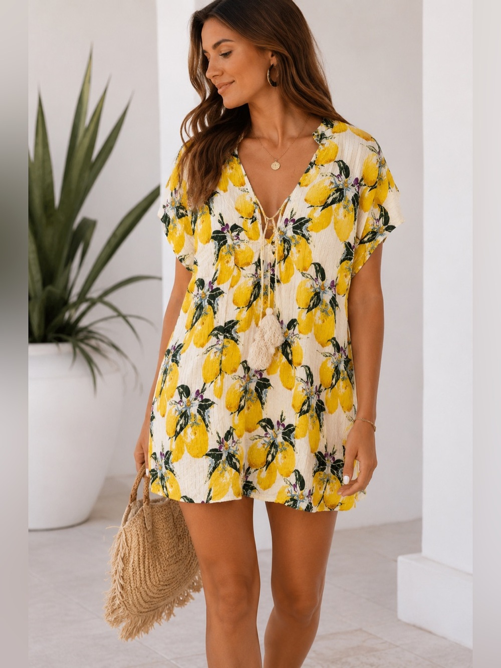 Z&L Europe Lemon Print Metallic Gauze Boho Swim Cover Up Dress Small Oversized